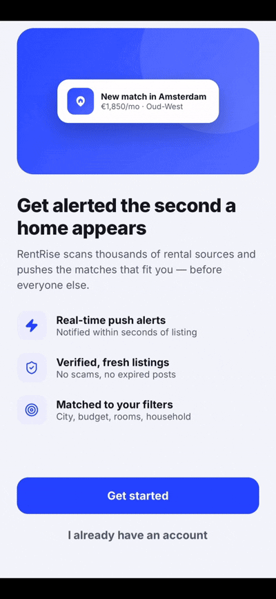 Rentrise mobiele app onboarding: stel filters in en ontvang direct pushmeldingen voor passende woningen